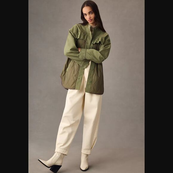 NWT Anthropologie Green Quilted Ruffled Shacket - Small - Picture 2 of 6